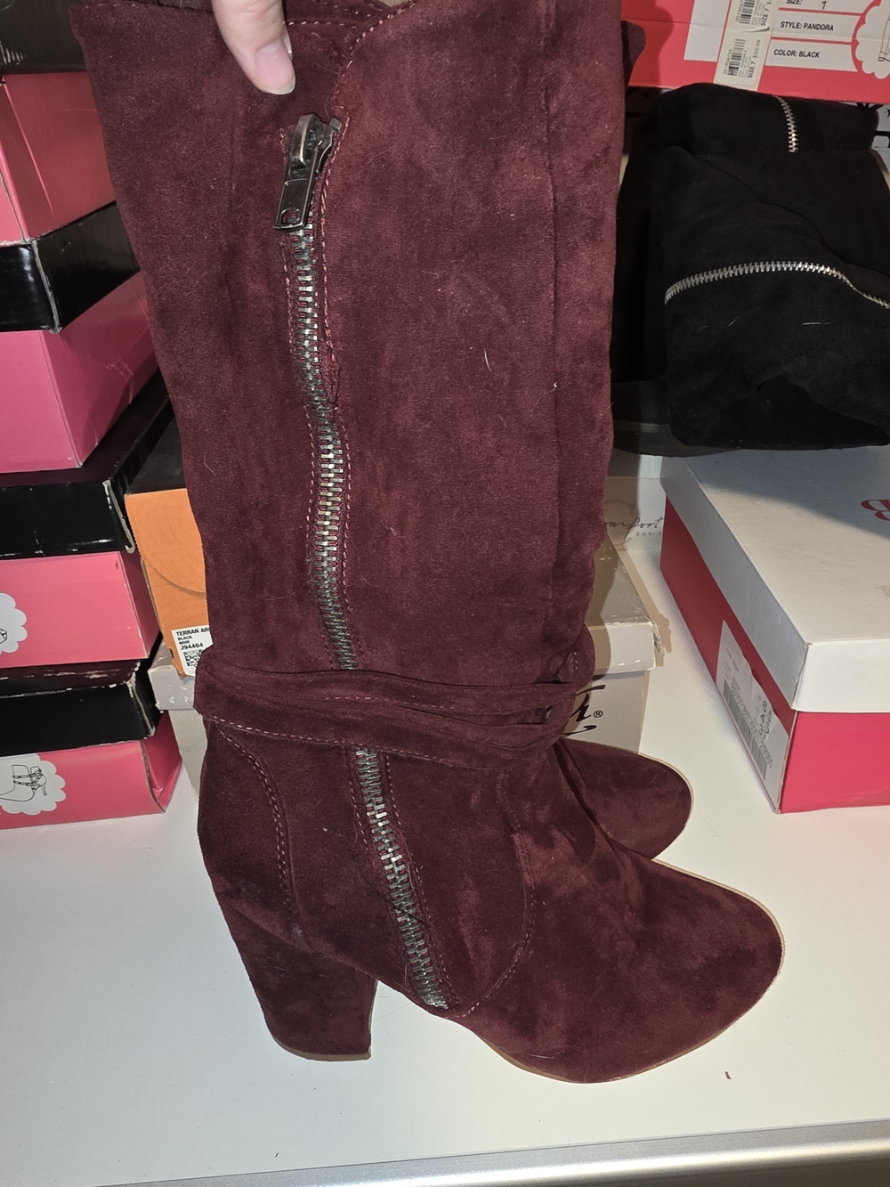 Buckle Burgundy Suede Mid-Calf Heeled Boots